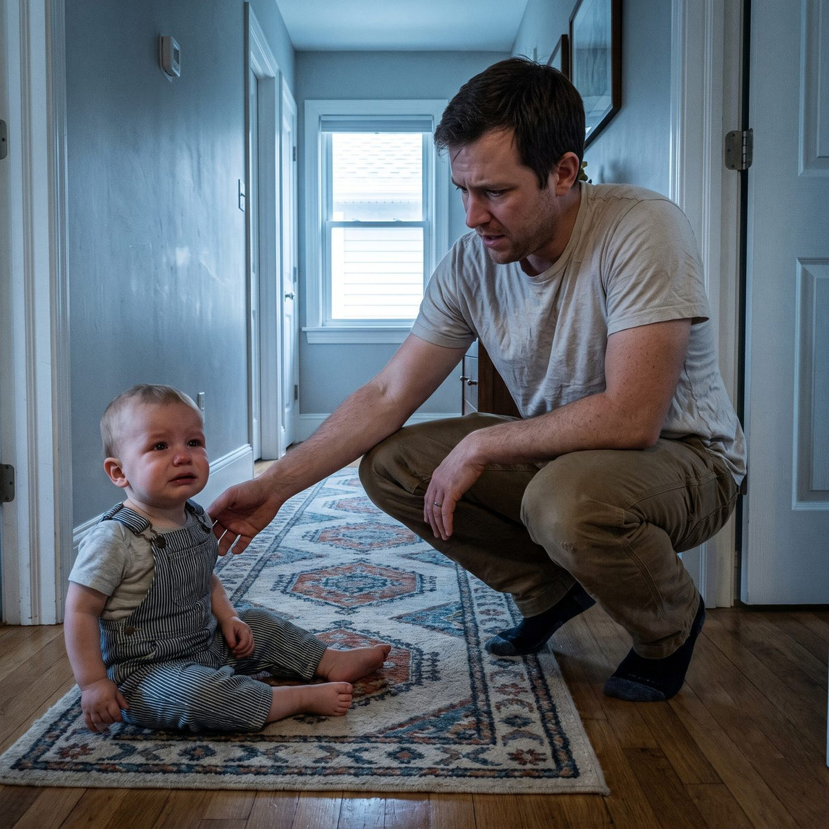 Bebé que se ha caído y padre preocupado